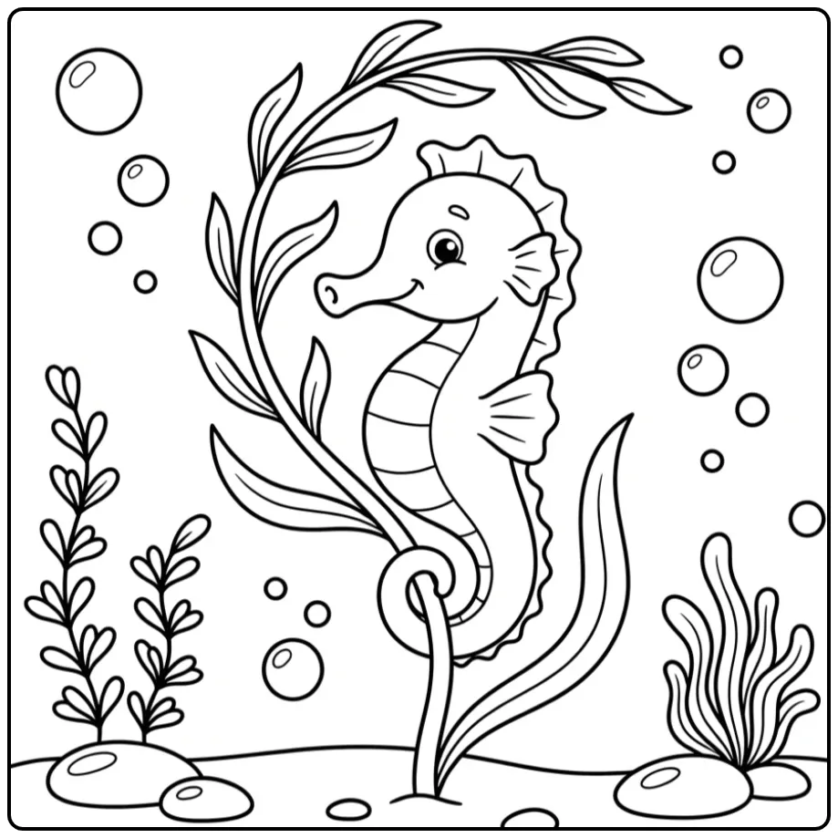 Schattige kleurplaat zeepaardje aan zeewier met bubbels