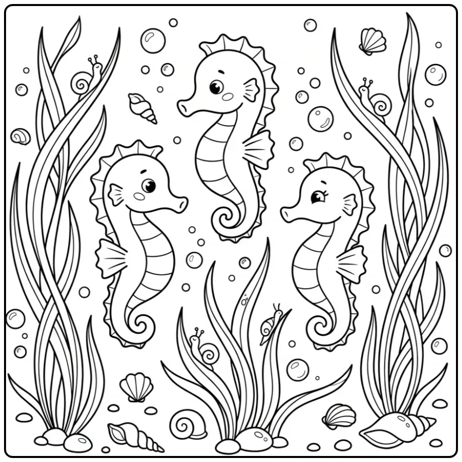 Schattige kleurplaat zeepaardje met vriendjes en schelpen.