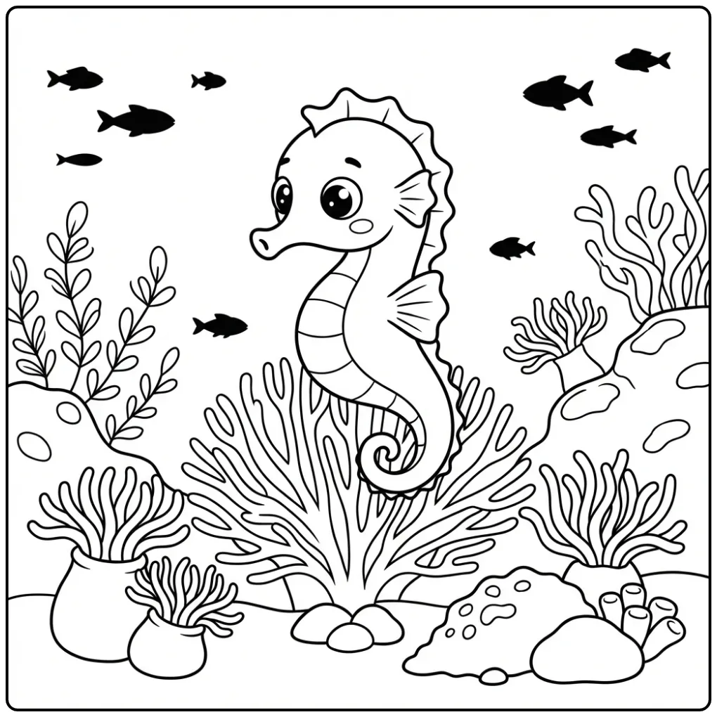 Een schattige kleurplaat zeepaardje boven een mooi koraalrif.
