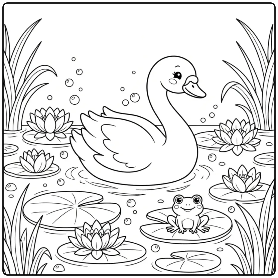 Leuke kleurplaat zwaan zwemmend tussen waterlelies en riet.