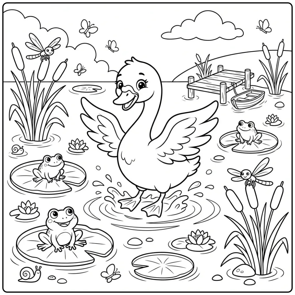 Schattige kleurplaat zwaan landing op water met lelies.