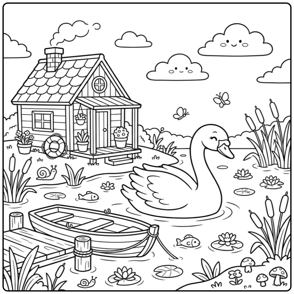 Een schattige kleurplaat zwaan zwemmend bij een botenhuisje.