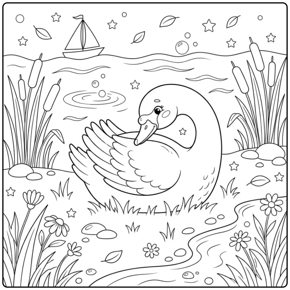 Een schattige kleurplaat zwaan die zijn veren poetst bij het water.