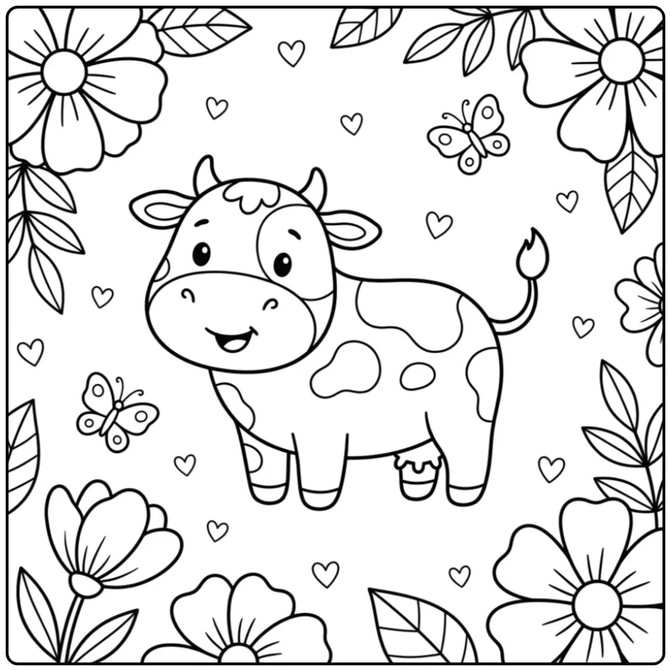 Schattige koe kleurplaat peuter met bloemen en vlinder.