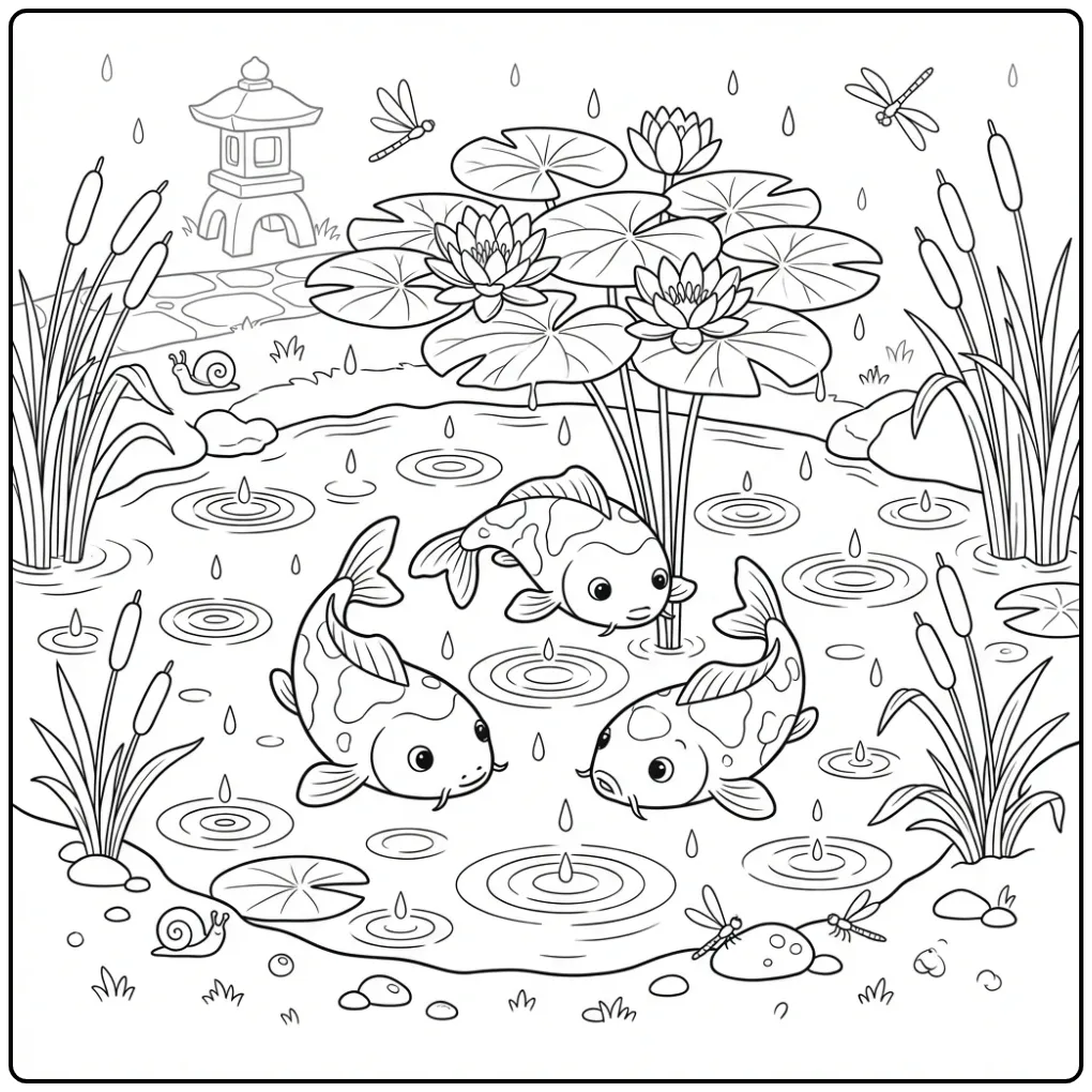 Schattige koi karper kleurplaat in vijver met regen.