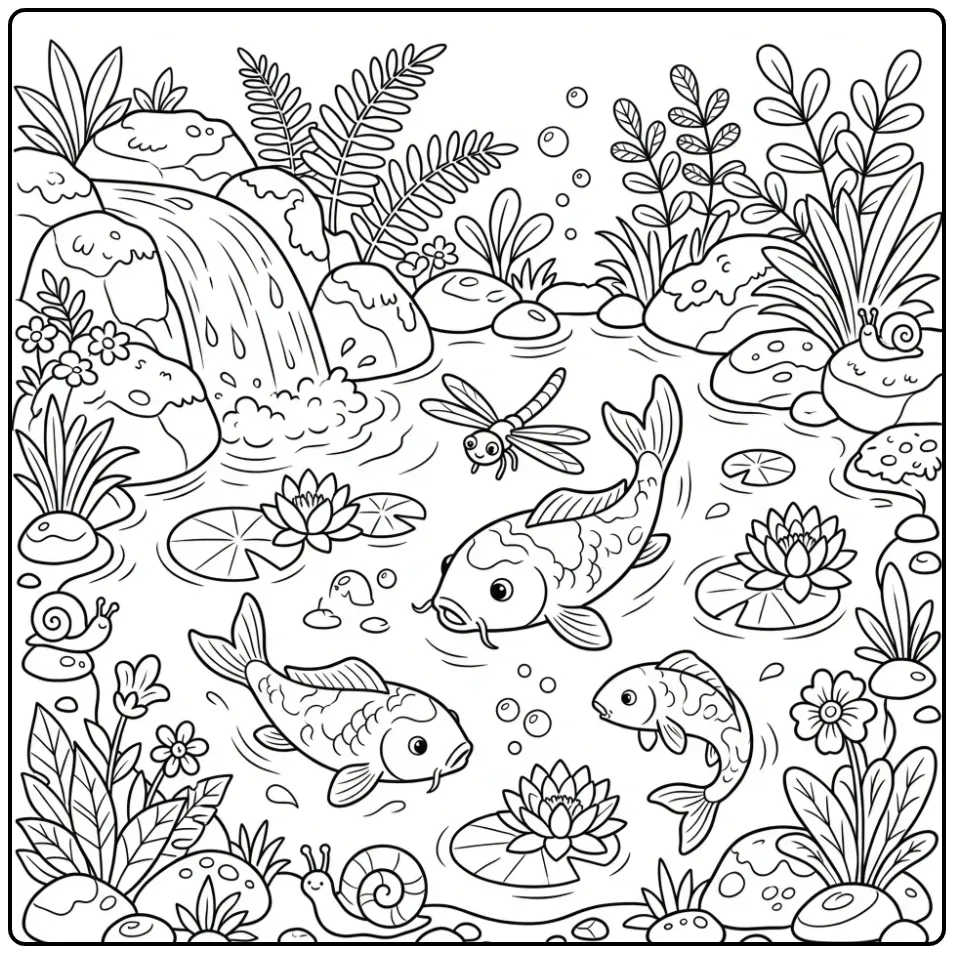 Leuke koi karper kleurplaat met waterval en een libel.