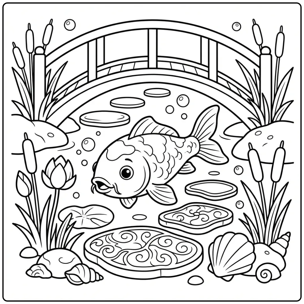 Schattige koi karper kleurplaat onder een mooi tuinbruggetje.