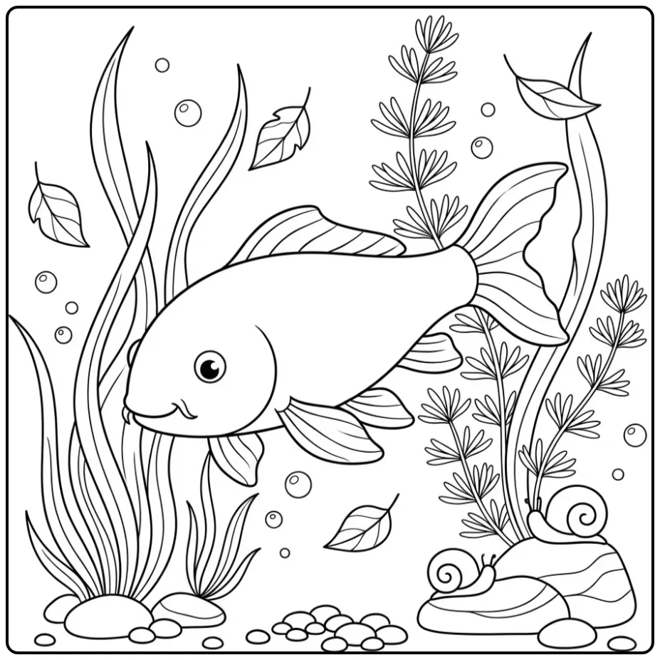 Schattige koi karper kleurplaat tussen waterplanten en bubbels.