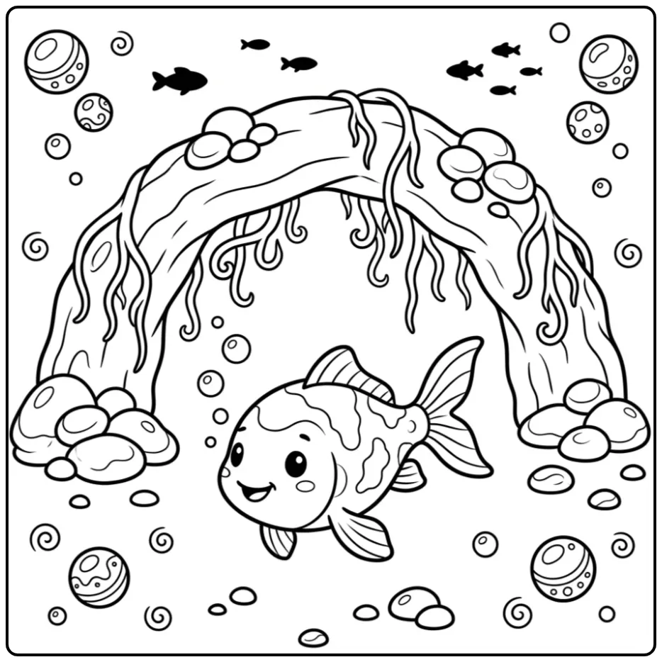 Een schattige koi karper kleurplaat onder een rotspoort.