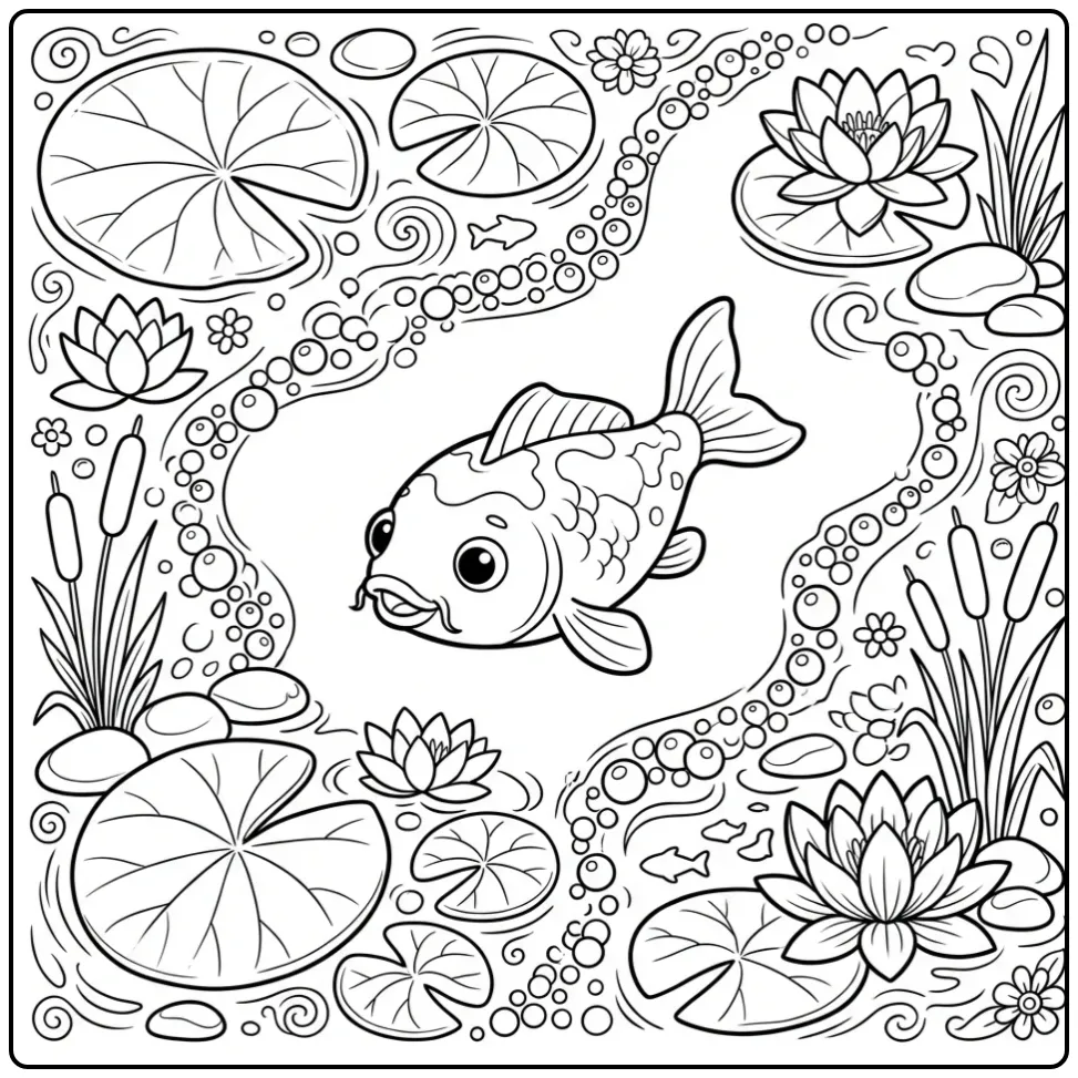 Schattige koi karper kleurplaat in vijver met lotusbloemen.