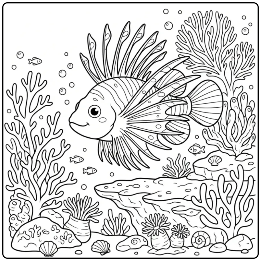 Schattige koraalduivel als kleurplaat vis met bubbels.