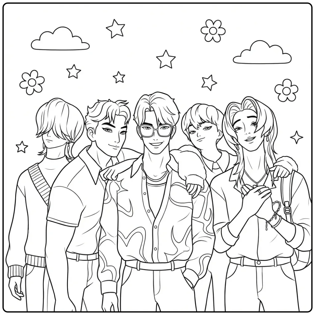 Een kpop demon hunters kleurplaat saja boys met 5 jongens.