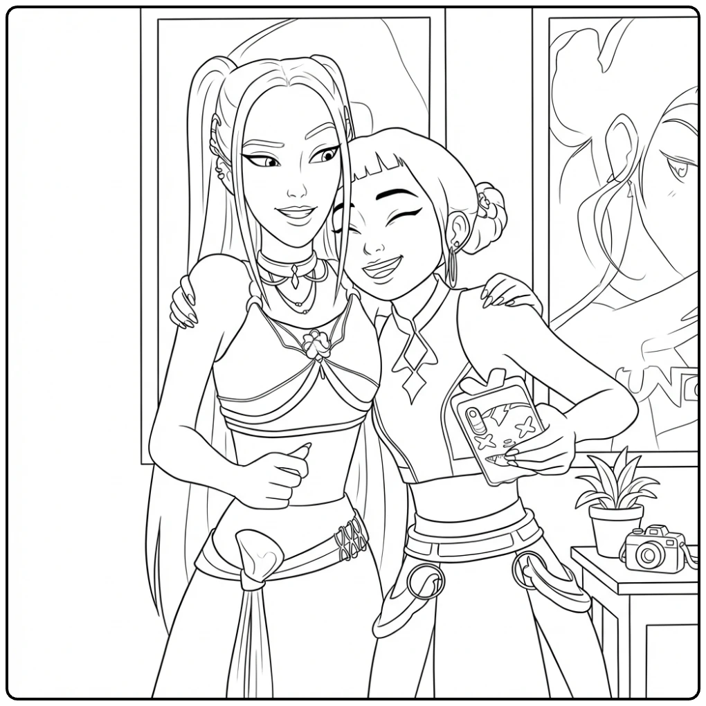 Kpop demon hunters kleurplaat zoey en vriendin maken selfie.