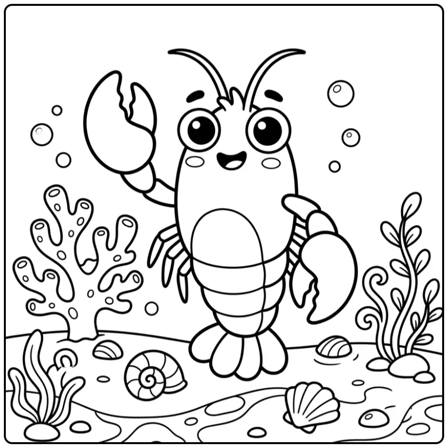 Een schattige zwaaiende kreeft kleurplaat op de zeebodem.