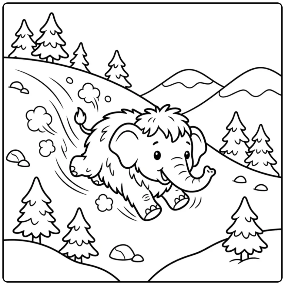 Schattige glijdende mammoet kleurplaat in de sneeuw.