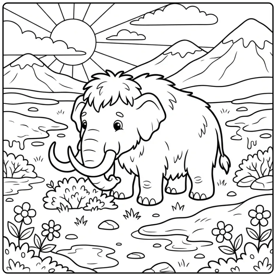 Leuke mammoet kleurplaat grazend tussen de lentebloemen.
