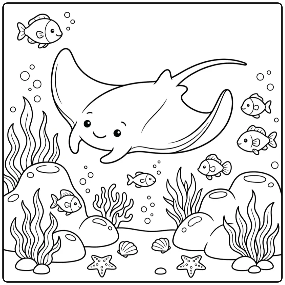 Manta rog zwemt boven rif in deze kleurplaat vis tekening.