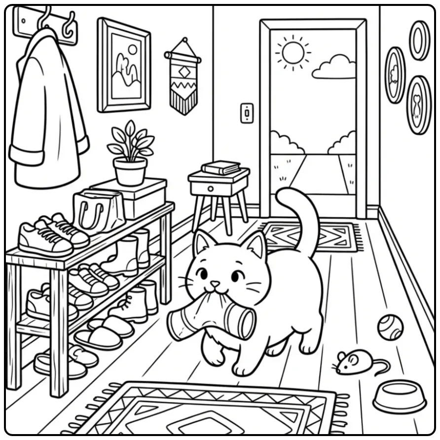 Schattige munchkin poes kleurplaat trippelend in de gang.