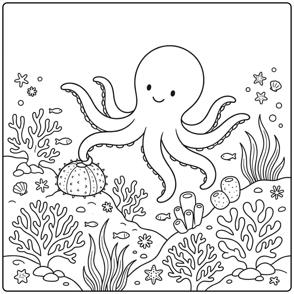 Een schattige octopus kleurplaat zwemmend boven koraal.