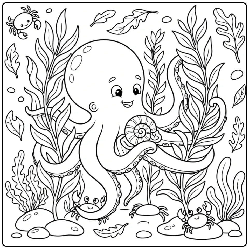 Realistische octopus kleurplaat met schelp en krabbetjes.