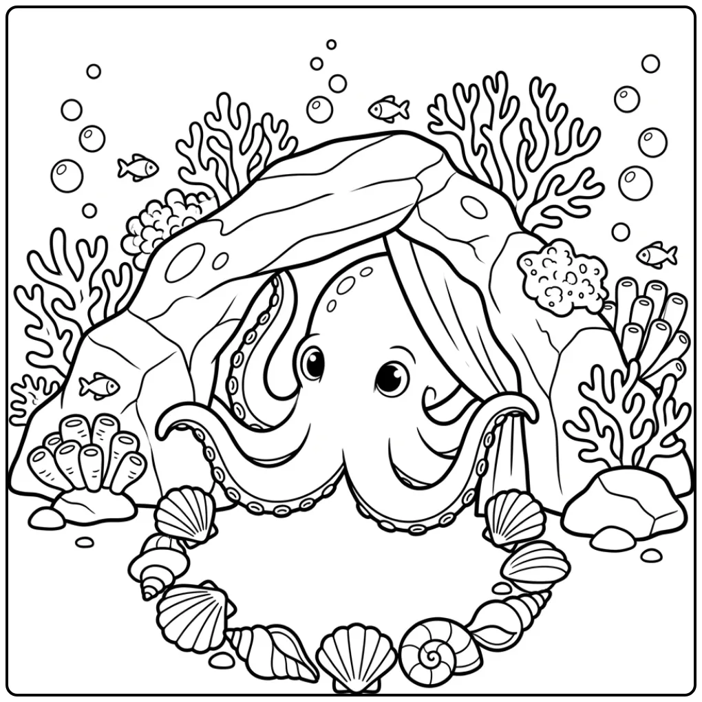 Schattige octopus kleurplaat die uit een rotsspleet gluurt.