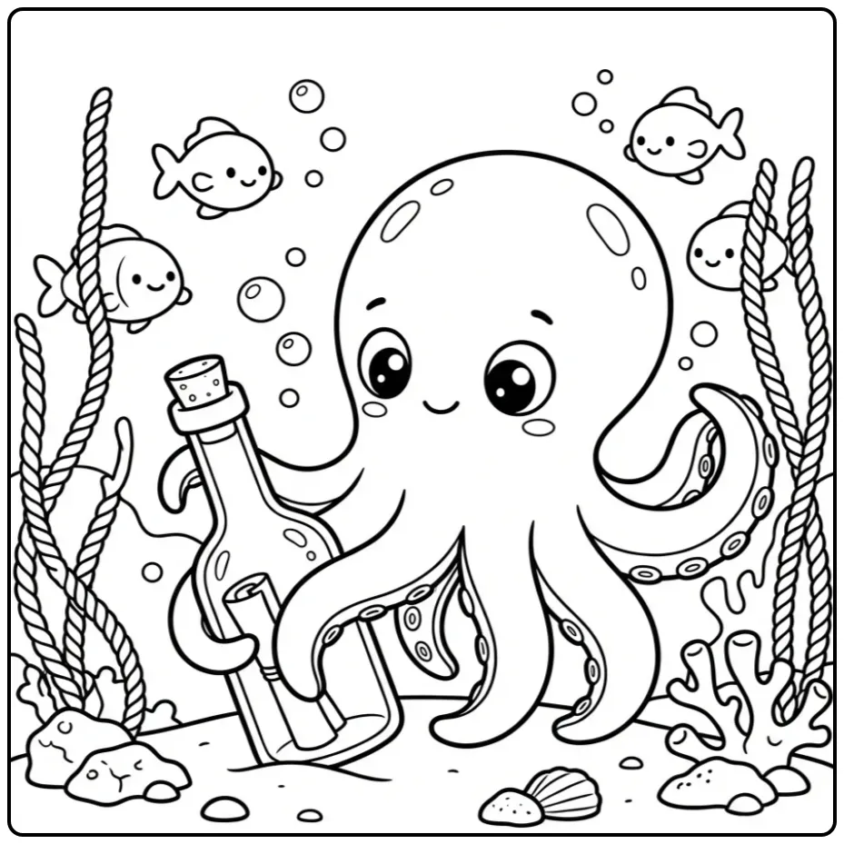 Een speelse octopus kleurplaat met een fles en vissen
