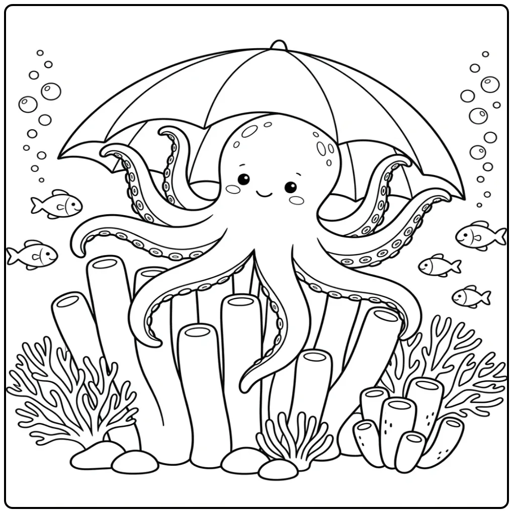 Een schattige octopus kleurplaat tussen het koraal.