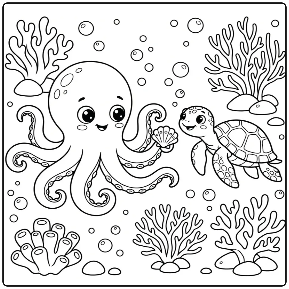 Octopus kleurplaat geeft schelp aan schildpad