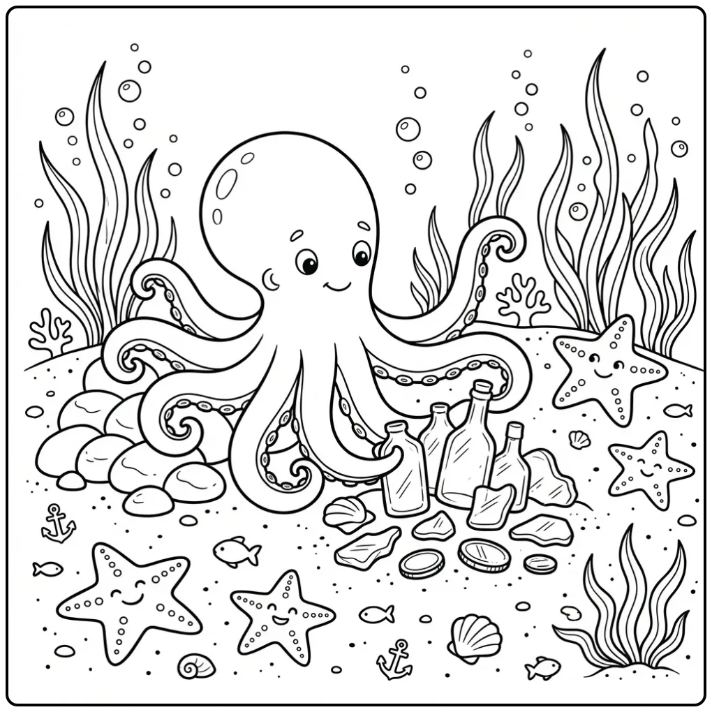 Schattige octopus kleurplaat met schatten op de zeebodem.