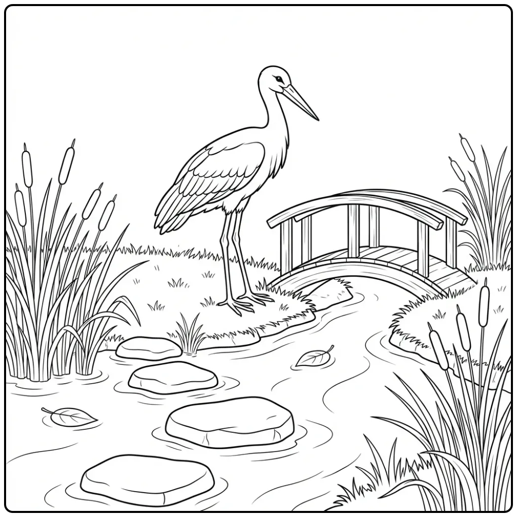 Ooievaar kleurplaat met brug en stapstenen in het water