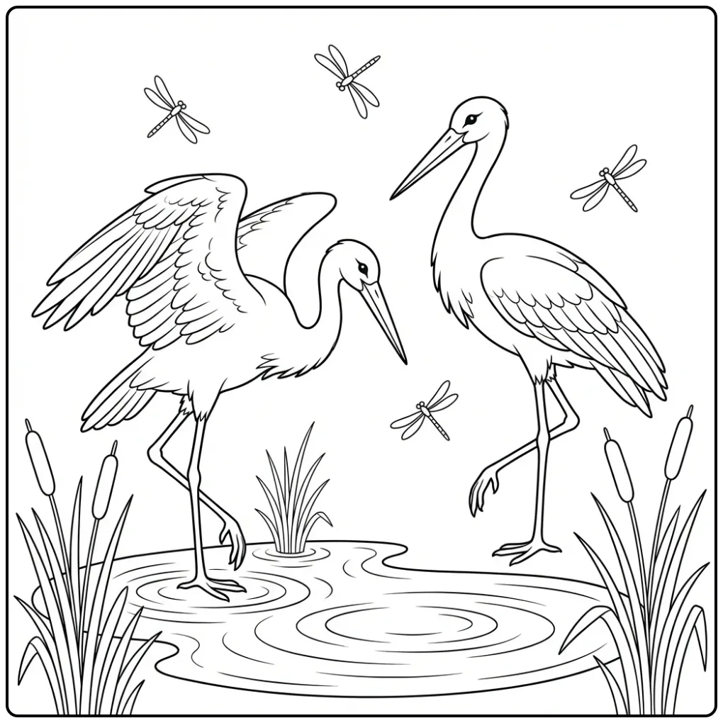 Leuke ooievaar kleurplaat met twee groetende vogels in riet