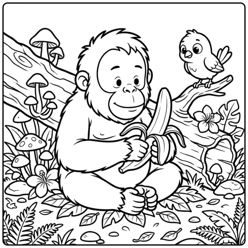 Schattige orang oetan kleurplaat met banaan en vogel.