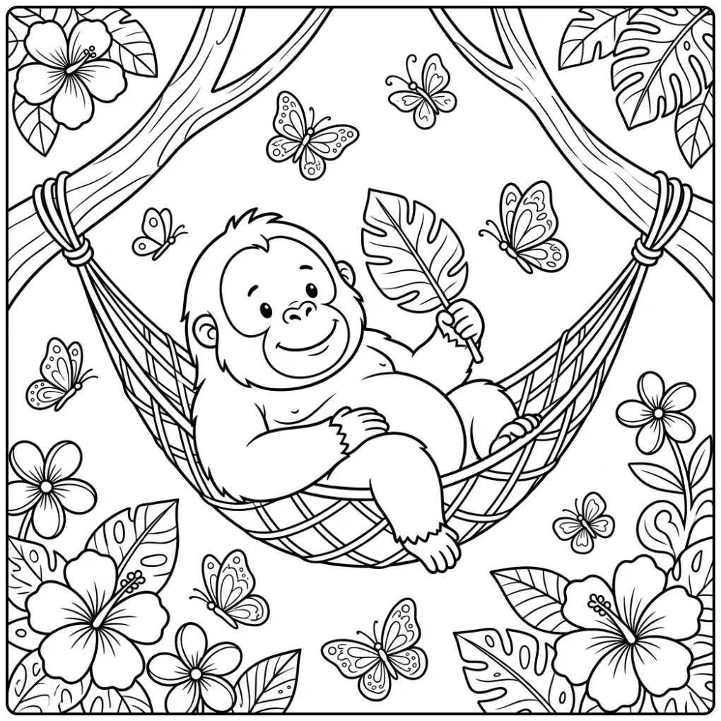Leuke orang oetan kleurplaat in een hangmat met vlinders.