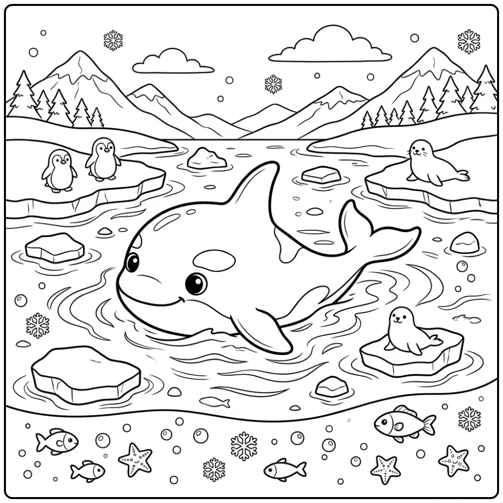 Schattige orka tussen ijsblokken walvis kleurplaat.