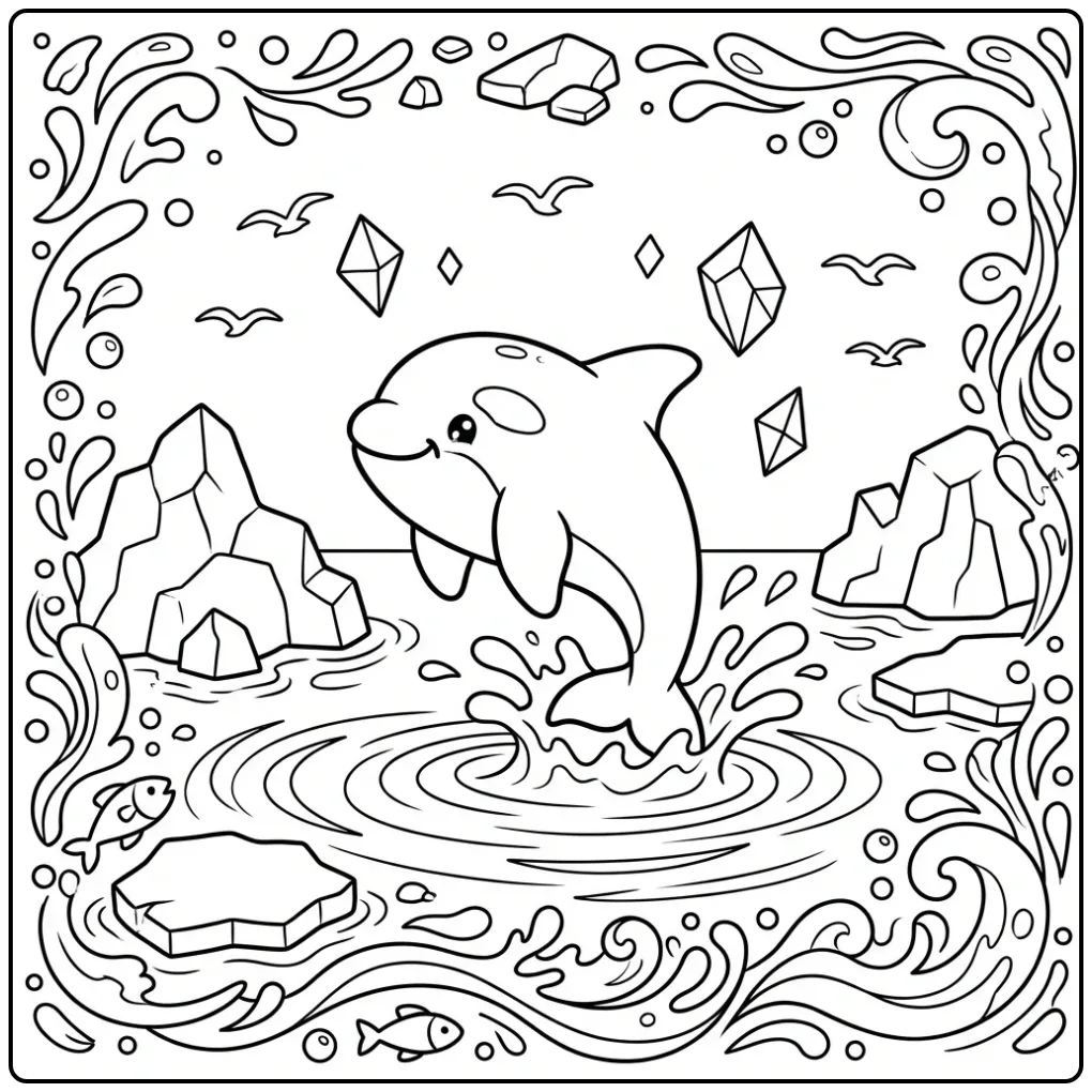 Schattige orka kleurplaat springend tussen ijs en spetters.