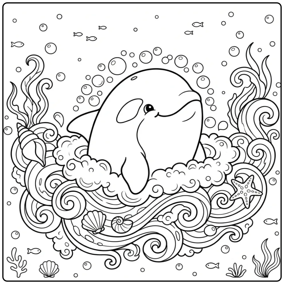 Schattige orka kleurplaat met golven en bubbels.