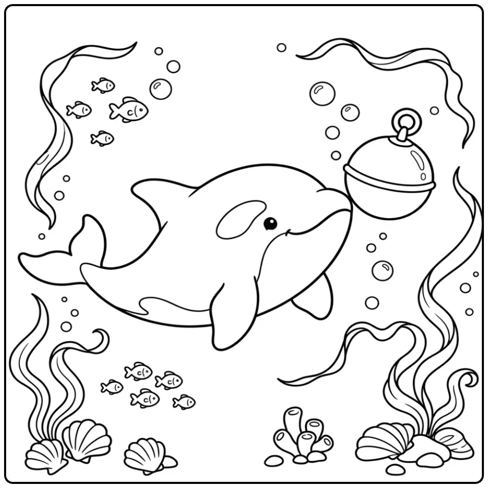 Speelse orka kleurplaat die tegen een bal duwt onder water.