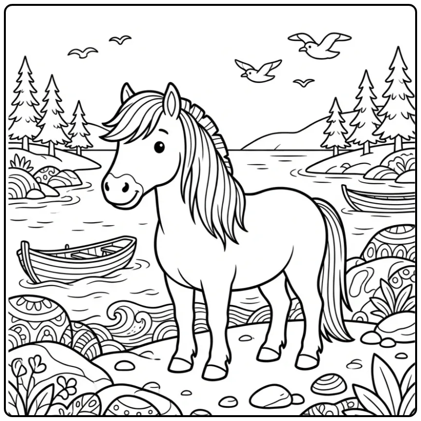 Paarden kleurplaat fjord met een paard op een rotsachtige kust.