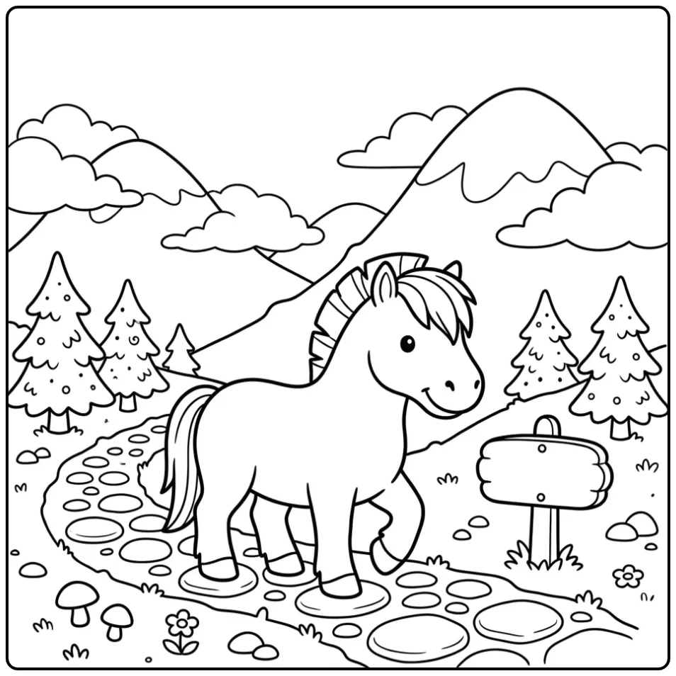 Schattige paarden kleurplaat fjord wandelend in de bergen