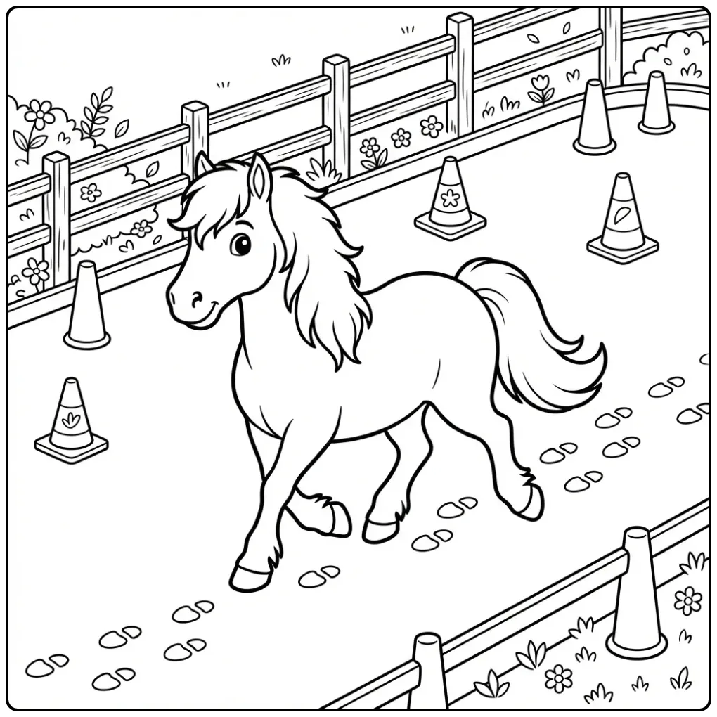 Schattige paarden kleurplaat fries in een dressuur arena.