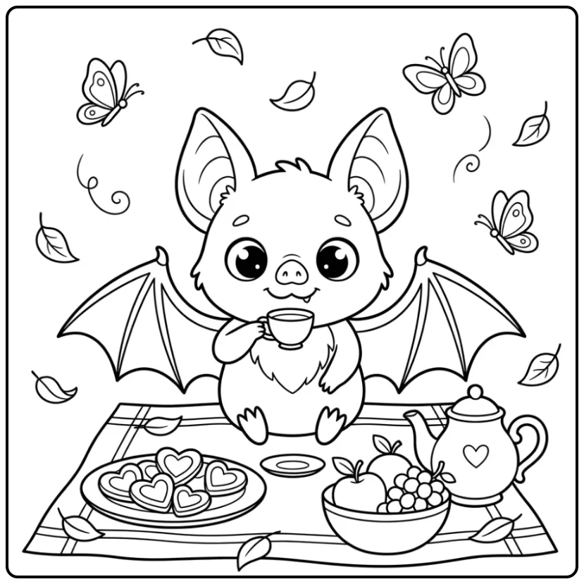 Een kleurplaat vleermuis schattig met thee en koekjes.
