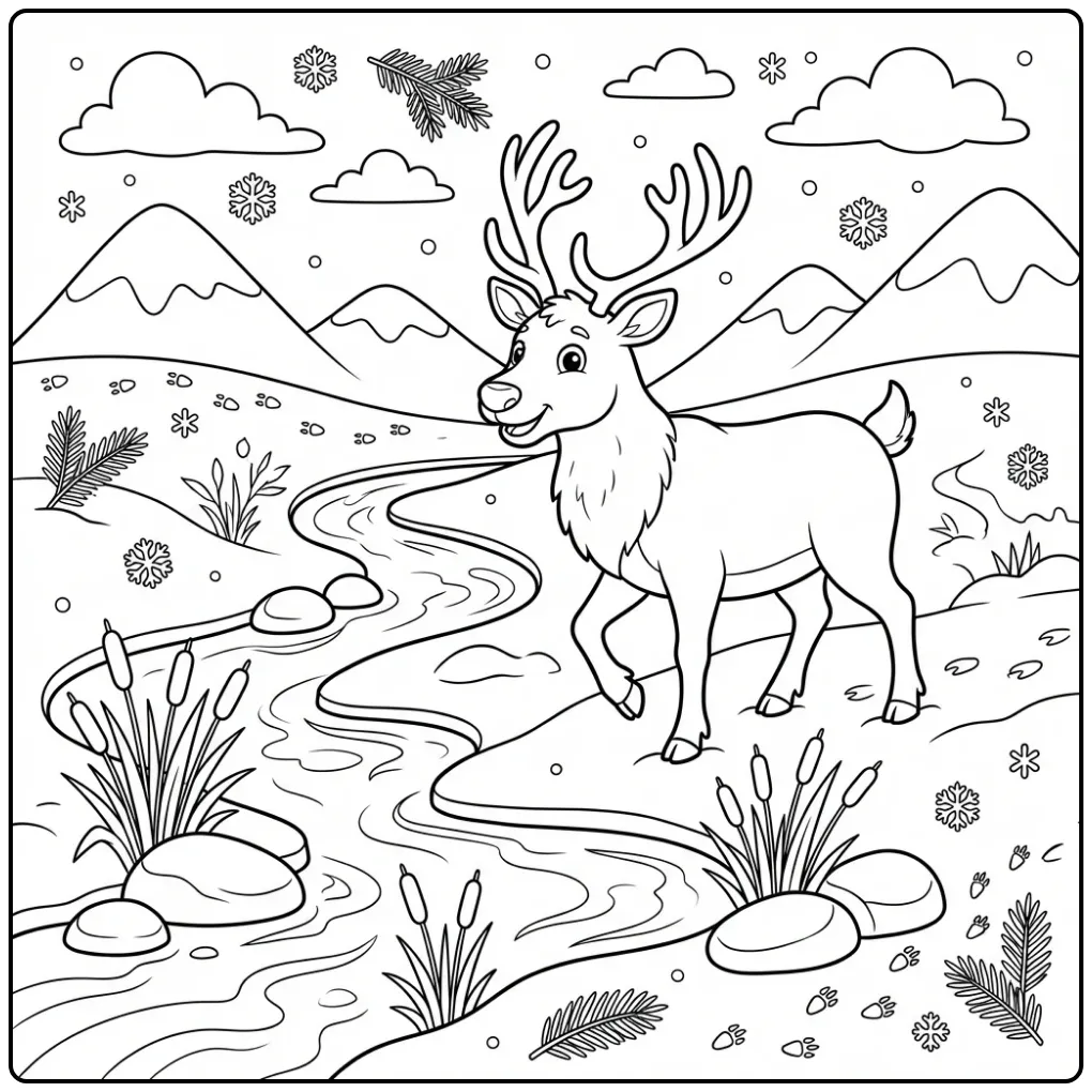 Schattige rendier kleurplaat wandelend door de toendra