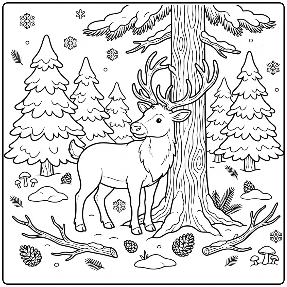 Schattige rendier kleurplaat in een besneeuwd dennenbos.
