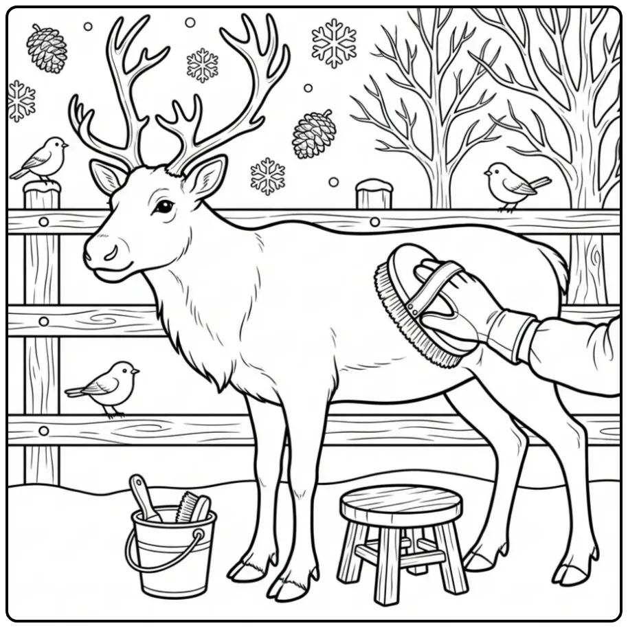 Schattige rendier kleurplaat met dierenverzorger