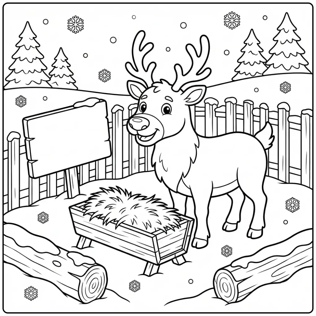 Leuke rendier kleurplaat bij een voederrek in de dierentuin.