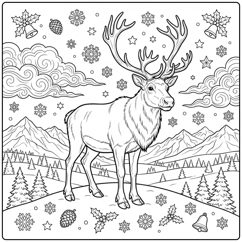 Schattige rendier kleurplaat op een besneeuwde heuvel.