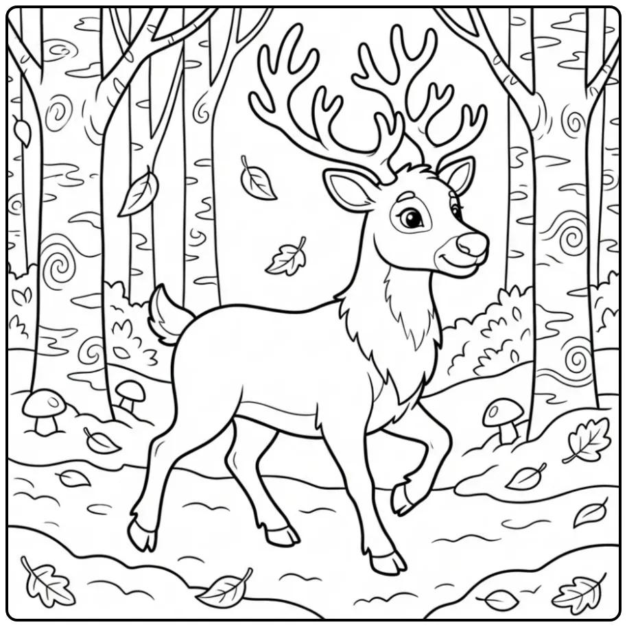 Leuke rendier kleurplaat dravend door een winters berkenbos.