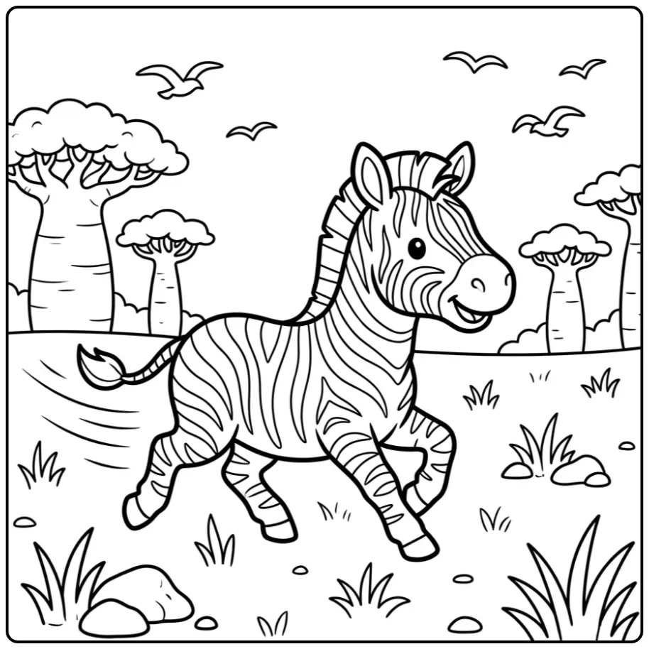 Schattige rennende kleurplaat zebra op de savanne.