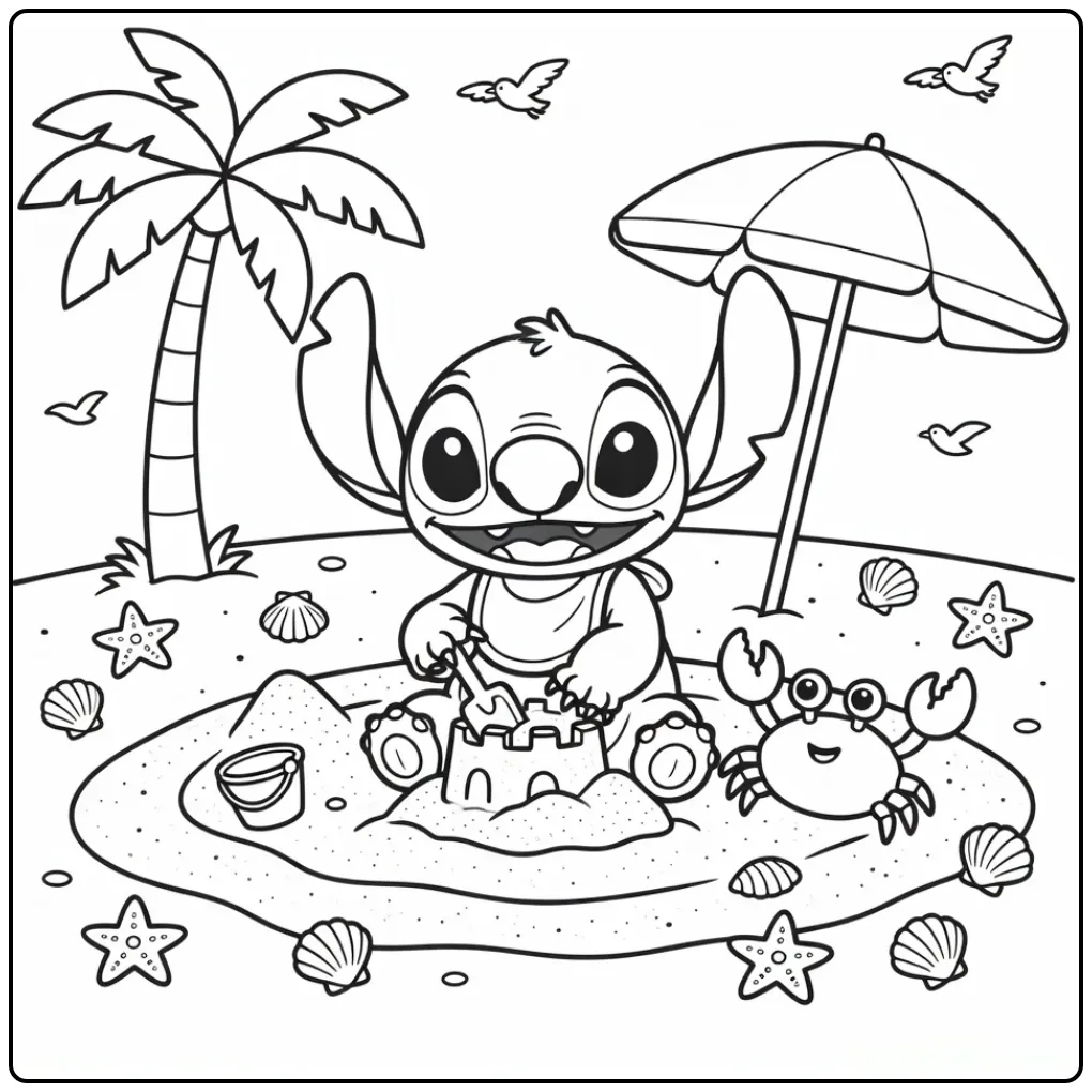 Een schattig baby stitch kleurplaat op het zonnige strand.