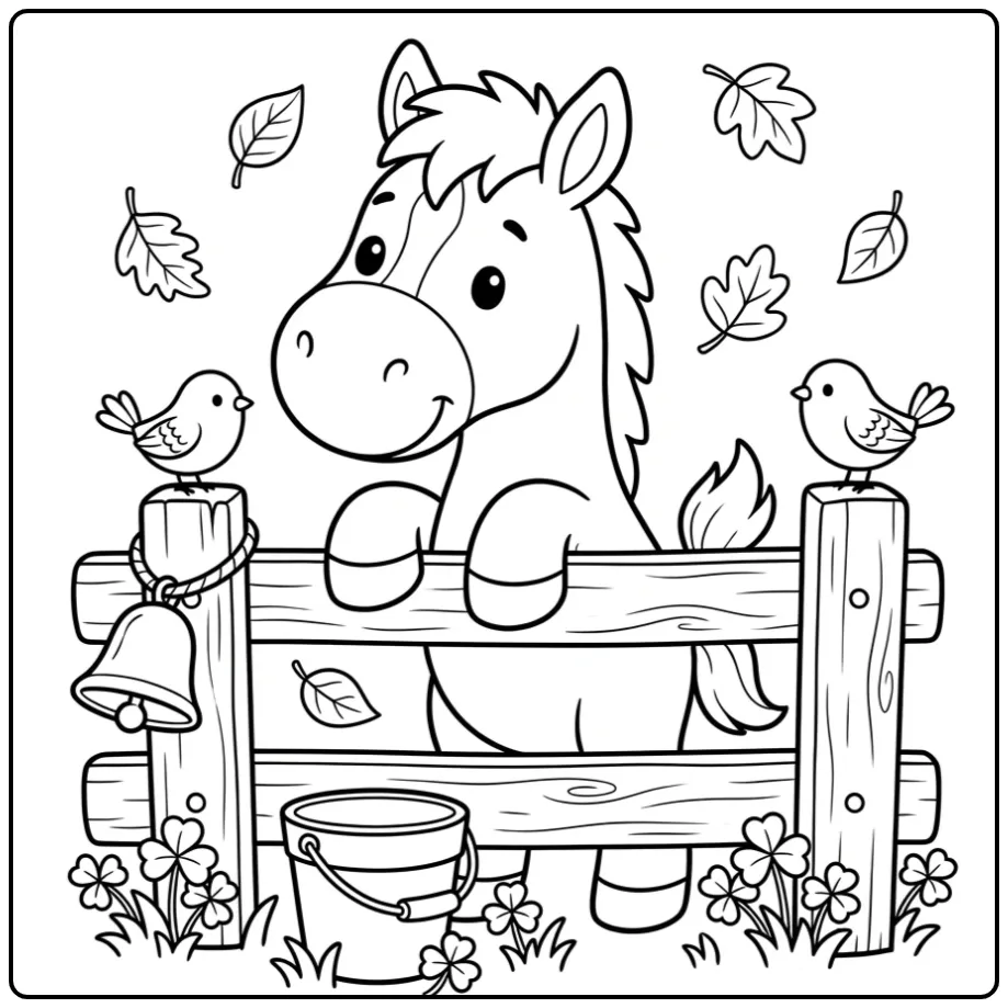 Schattige veulen kleurplaat met grote neus bij een hek.